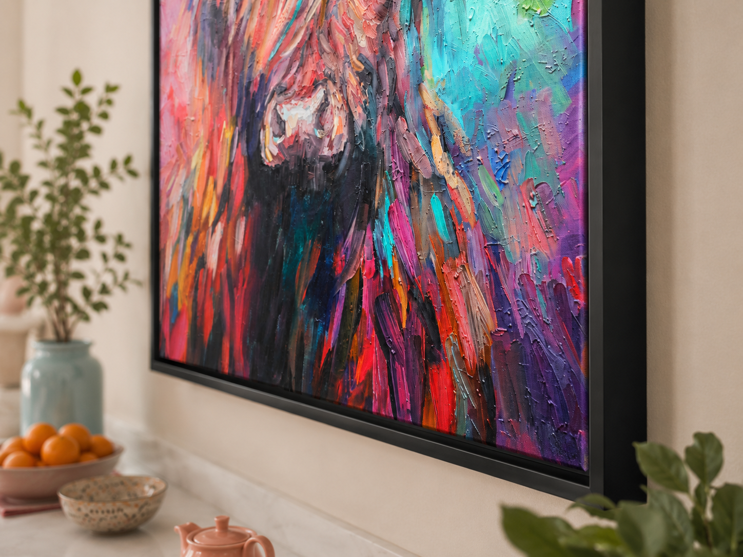 Colorful abstract painting on a wall in a room with plants and a bowl of oranges.