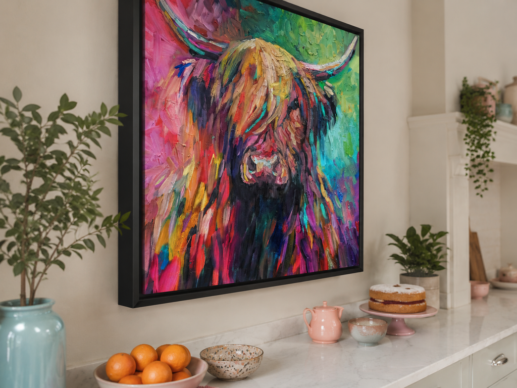 Colorful painting of a cow on a wall above a counter with fruit and decor items.