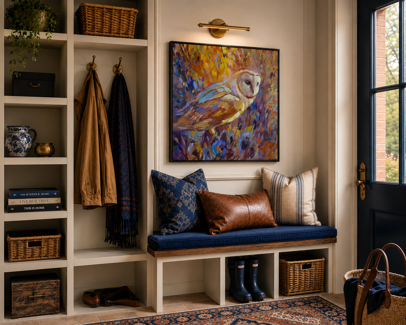 A framed colorful owl painting hangs on a beige wall above a built-in bench with a blue cushion and decorative pillows in a styled entryway.