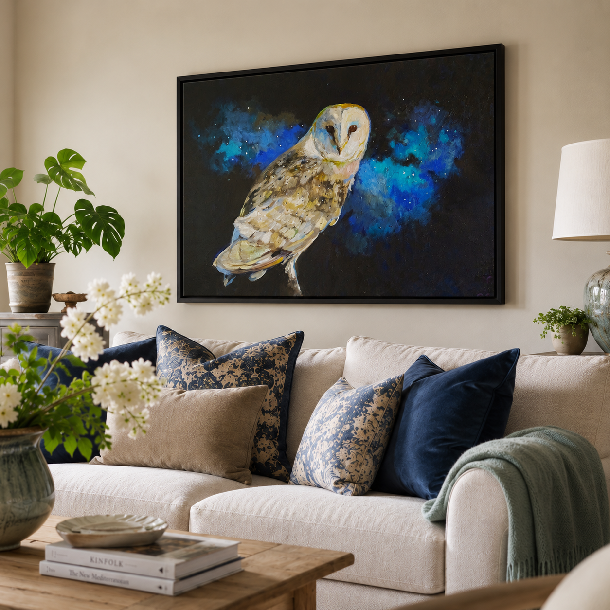 A framed canvas painting of a barn owl against a blue and black cosmic background, displayed on a beige wall above a modern sofa with decorative pillows in a styled living room setting.
