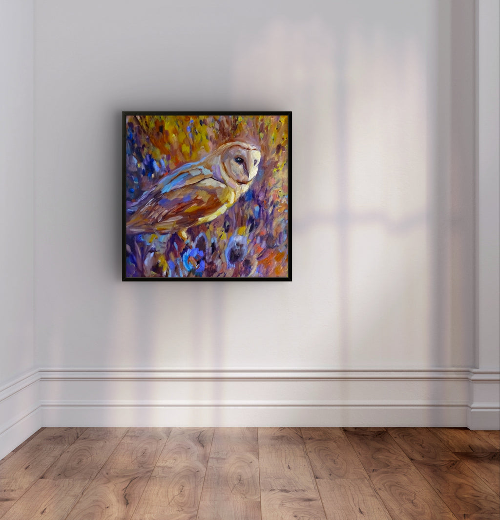 Barn Owl and Teazels Framed Canvas - - susan gardner - uk artist - colourful animal art