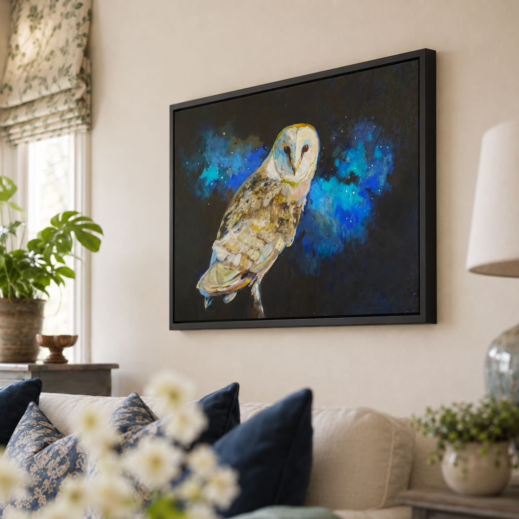 A framed canvas art print depicting a barn owl against a vibrant blue and black cosmic background, displayed on a beige wall above a sofa in a living room setting.