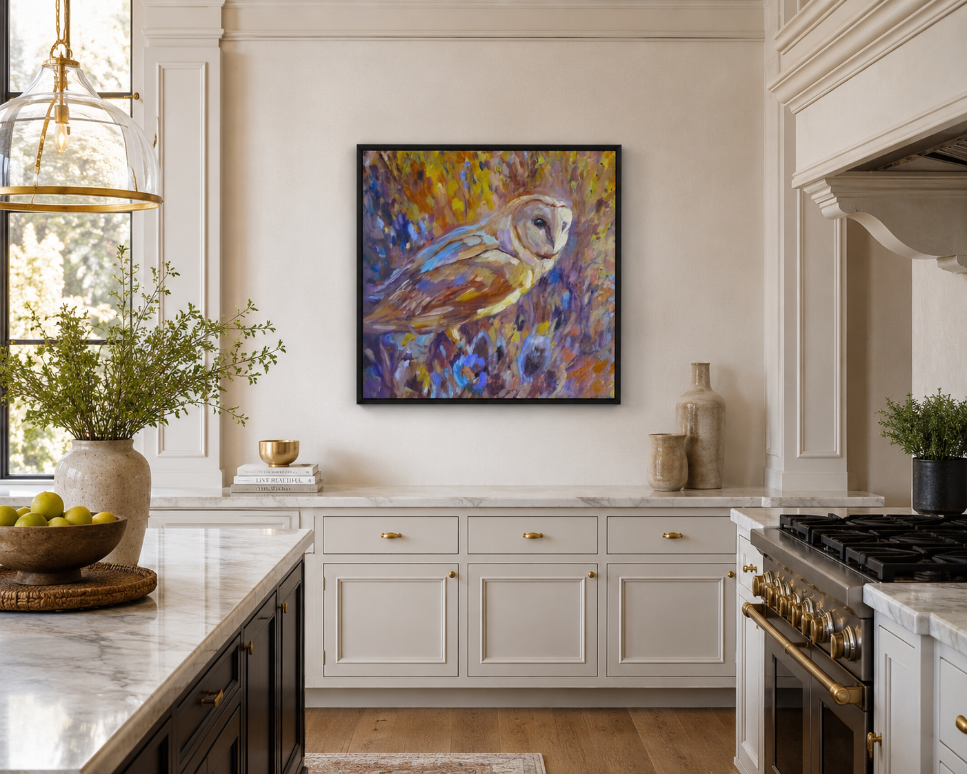 Modern kitchen with a colorful owl painting on the wall