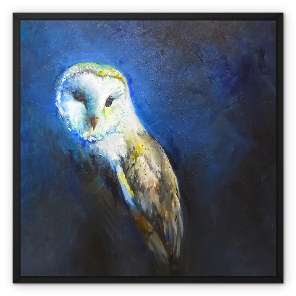 A framed painting of a barn owl in profile, rendered in textured blue, white, gray, and yellow brushstrokes, set in a black frame against a white background.