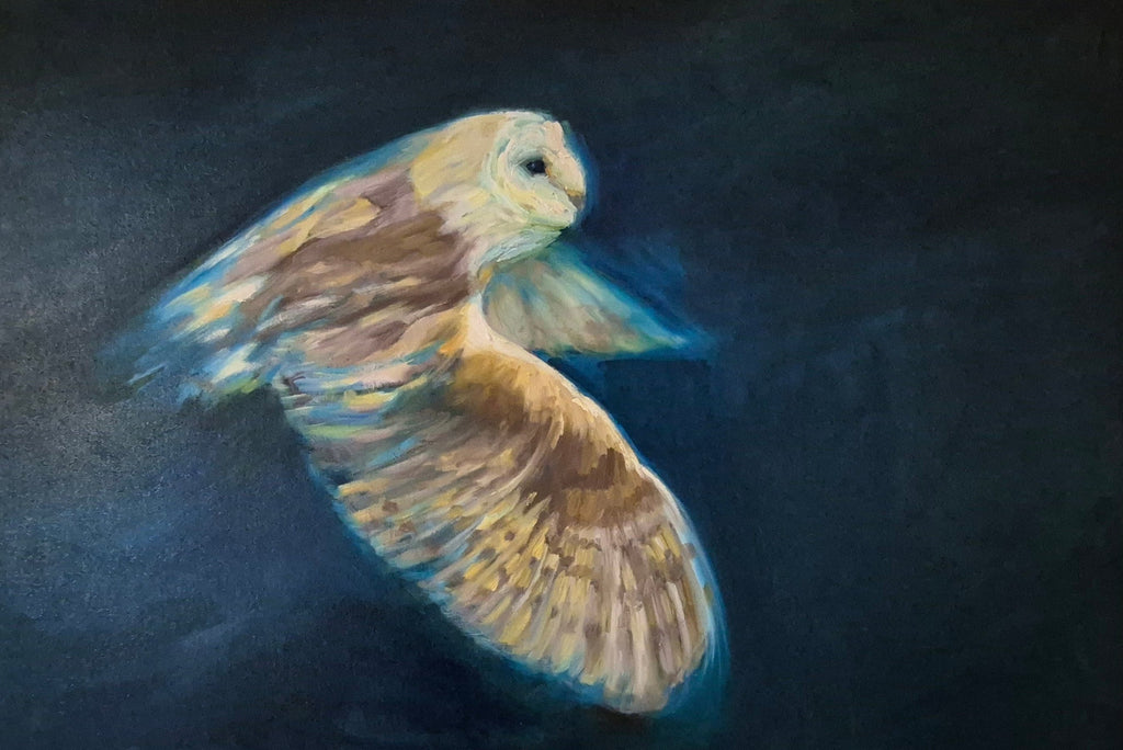 **Sold     'Free to Fly' - Original Barn Owl Oil Painting - 50 x 80 cm - Animal Art by Susan Gardner - Contemporary Expressionist - Colourful Fine Art