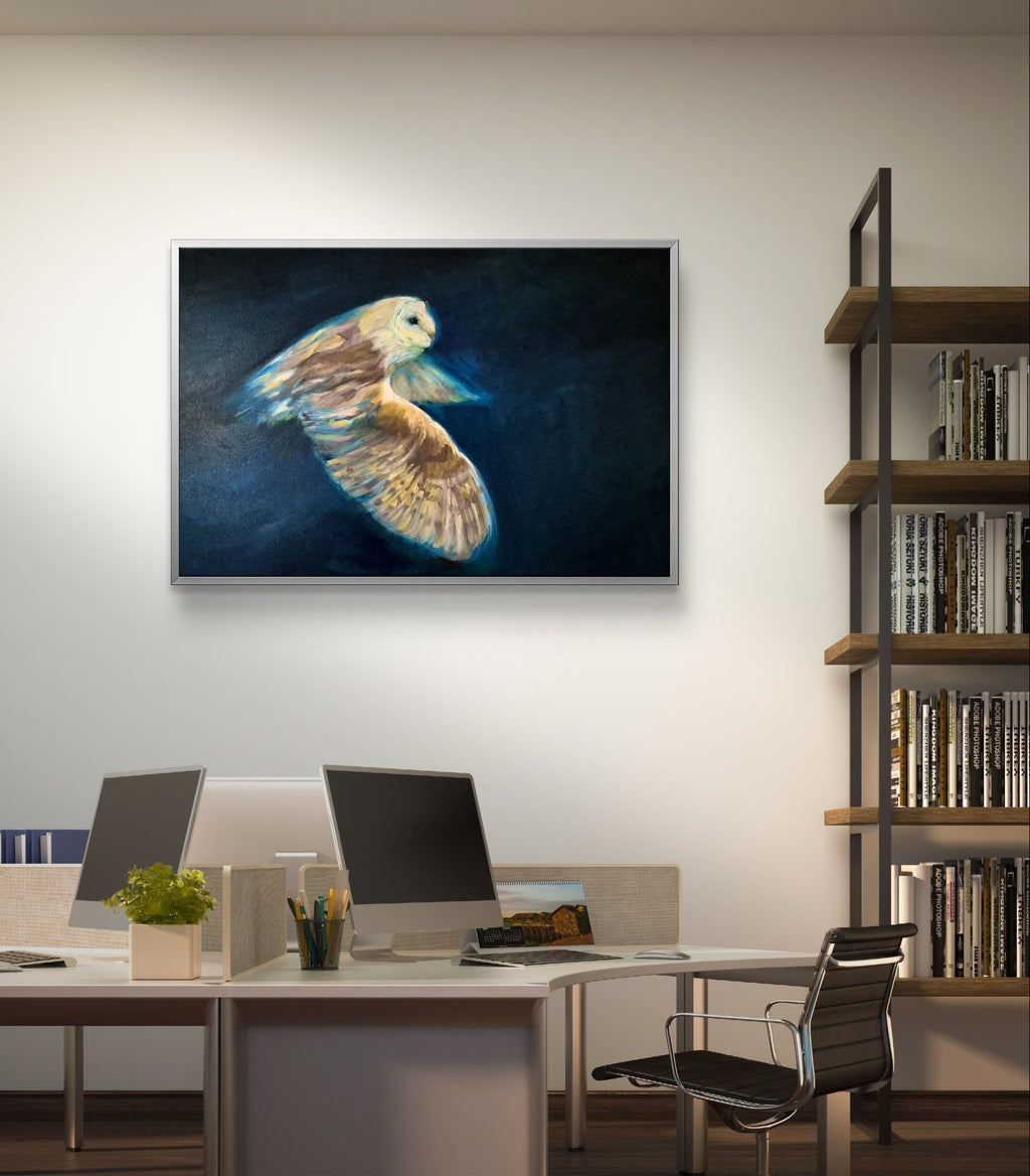 **Sold     'Free to Fly' - Original Barn Owl Oil Painting - 50 x 80 cm - Animal Art by Susan Gardner - Contemporary Expressionist - Colourful Fine Art