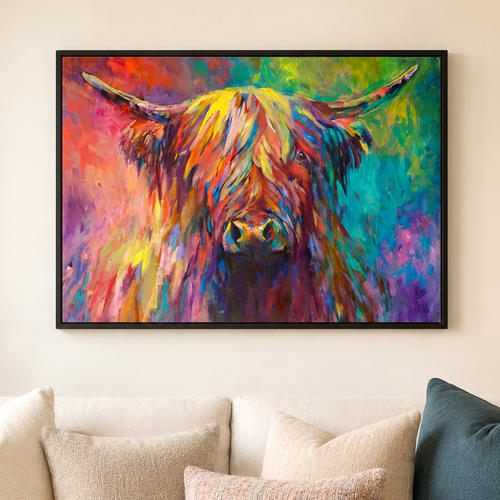 A framed colorful canvas print of a Highland cow hanging on a beige wall above a white sofa with neutral and blue pillows.
