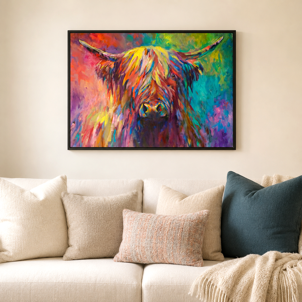 A colorful framed canvas painting of a Highland cow hangs on a beige wall above a cream-colored sofa with decorative pillows and a throw blanket.