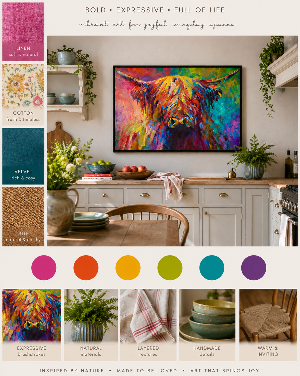 A styled interior scene showing a colorful framed abstract painting of a highland cow on a kitchen wall above a dining table. The image includes color swatches along the left and bottom, with text reading 'BOLD • EXPRESSIVE • FULL OF LIFE' and 'INSPIRED BY NATURE • MADE TO BE LOVED • ART THAT BRINGS JOY.