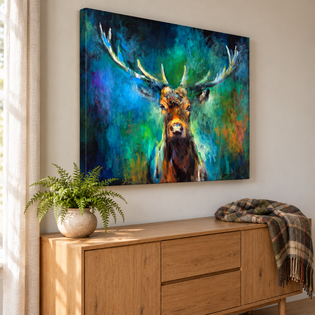 Angled room mockup of Ben Hope by Susan Gardner above an oak sideboard, showing the canvas depth, a fern and a tartan blanket.