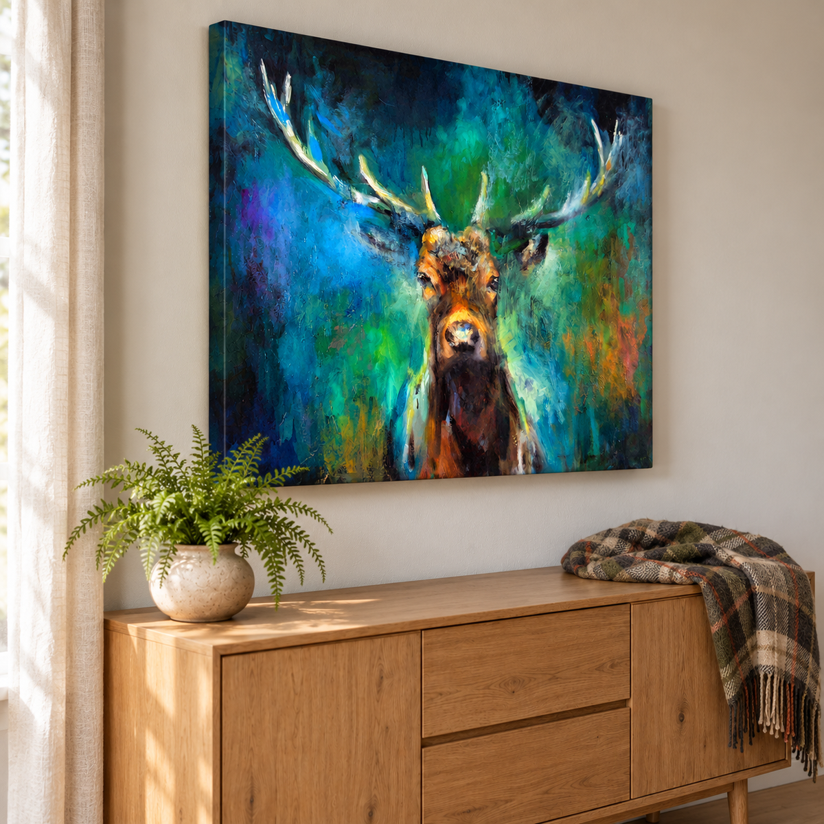 Angled room mockup of Ben Hope by Susan Gardner above an oak sideboard, showing the canvas depth, a fern and a tartan blanket.
