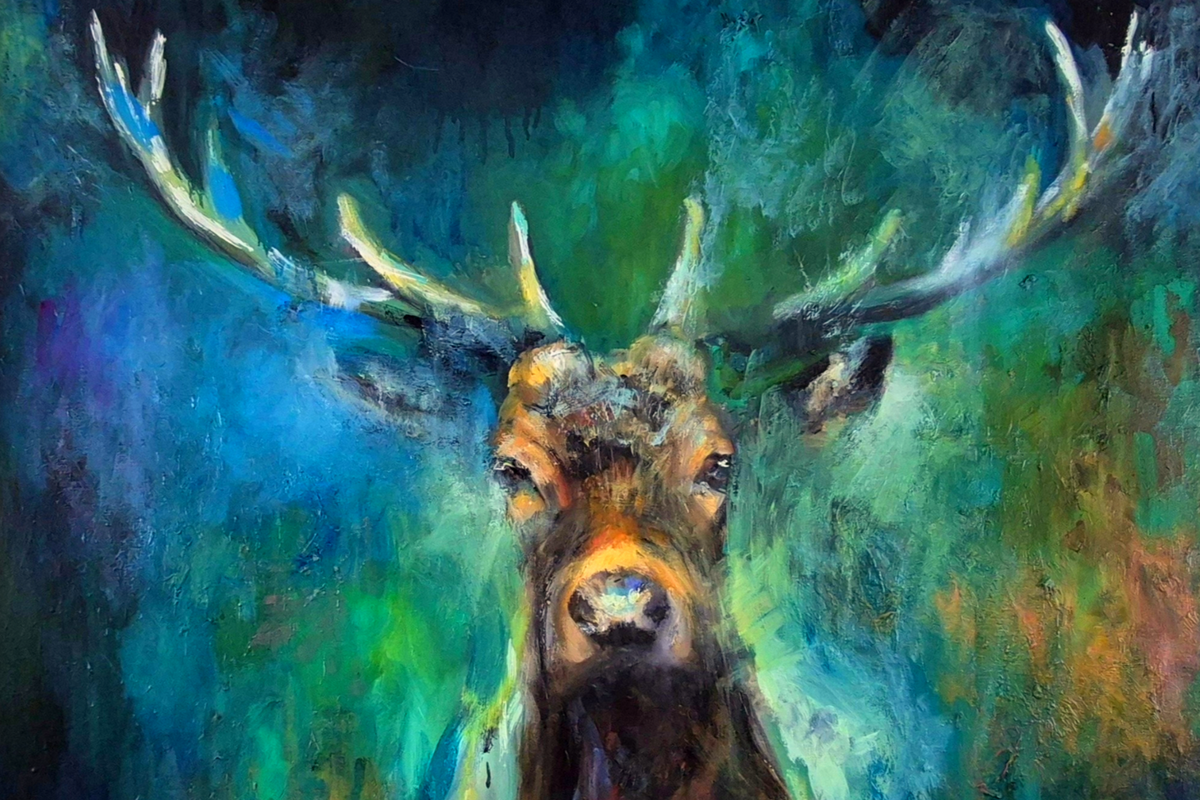 Detail of Ben Hope showing the stag’s face and spreading antlers against expressive blue and green oil paint.