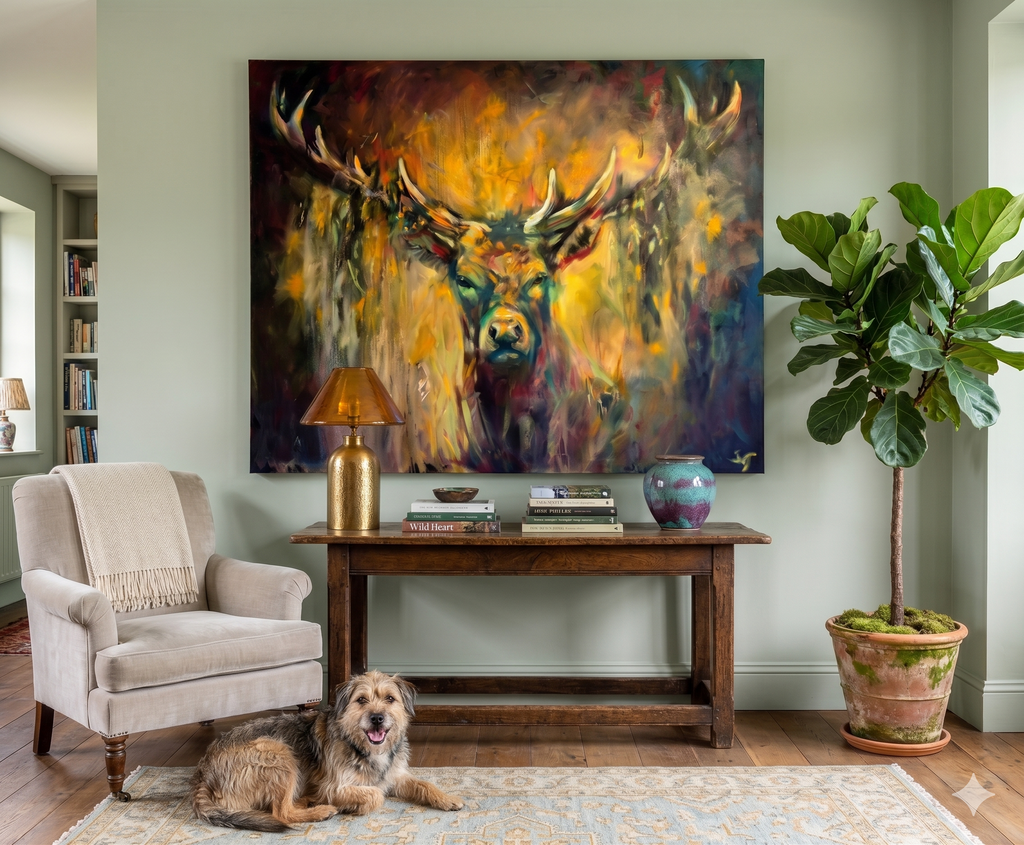 Living room with a large abstract painting of a deer, a lamp, a plant, and a dog on the floor.