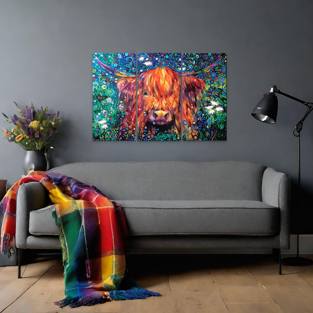 Braemar Daisies - Triptych set of Three Canvases - - susan gardner - uk artist - colourful animal art