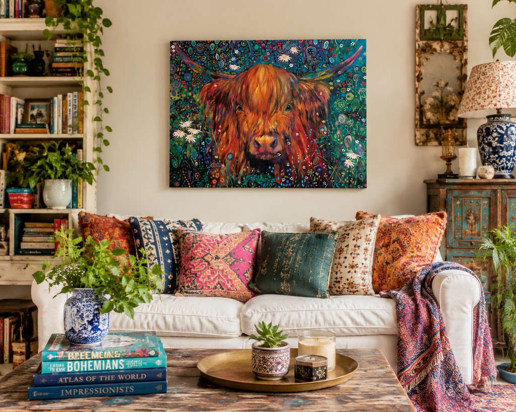 Living room with a colorful cow painting on the wall, white sofa with patterned cushions, and decorative items.