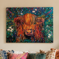 Living room with a colorful cow painting on the wall, white sofa with patterned cushions, and decorative items.