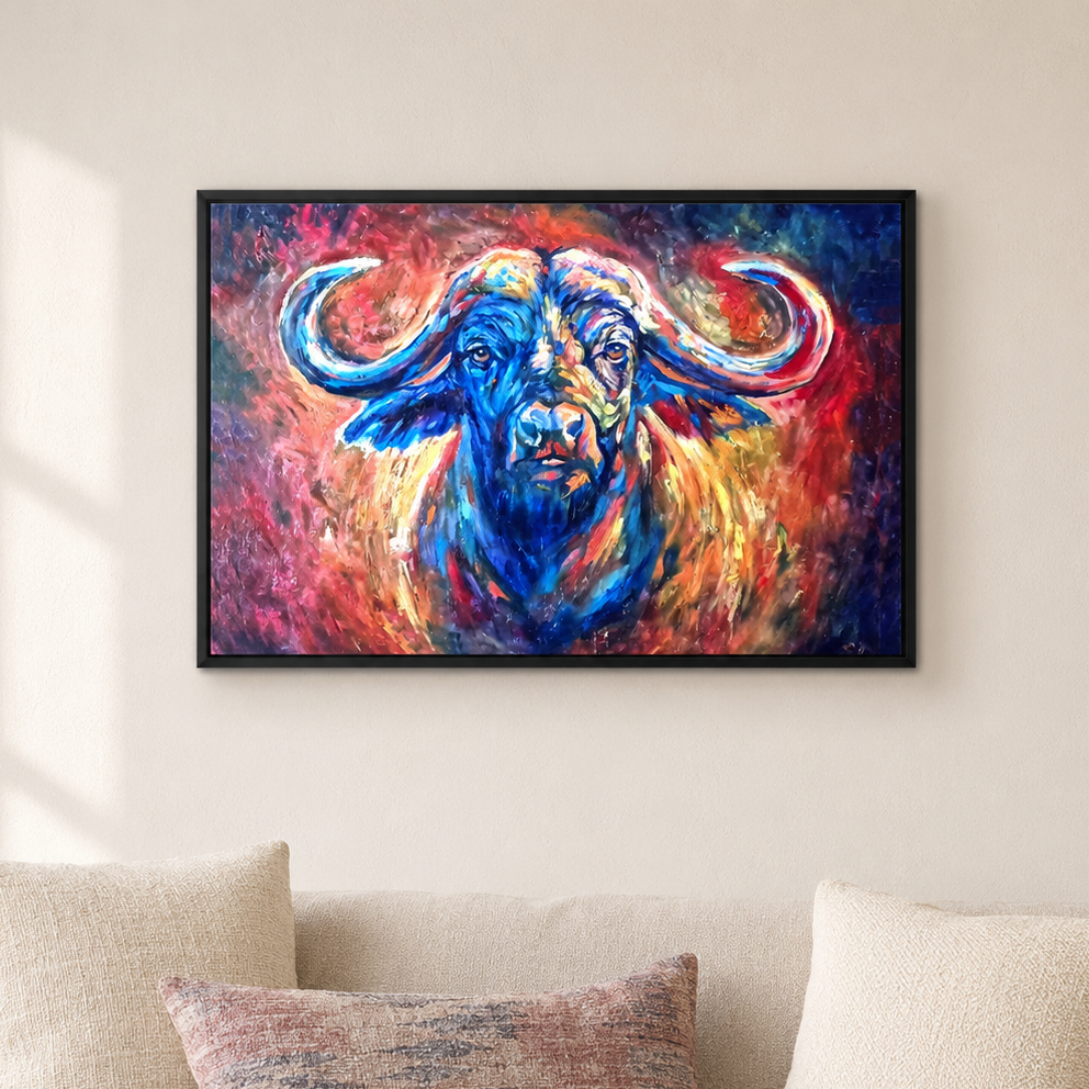A framed colorful painting of a buffalo head hanging on a beige wall above a sofa with pillows.