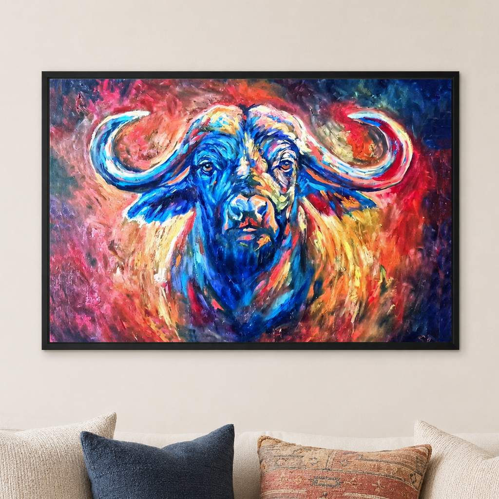 A framed colorful painting of a buffalo hanging on a beige wall above a sofa with cream, navy, and patterned pillows.