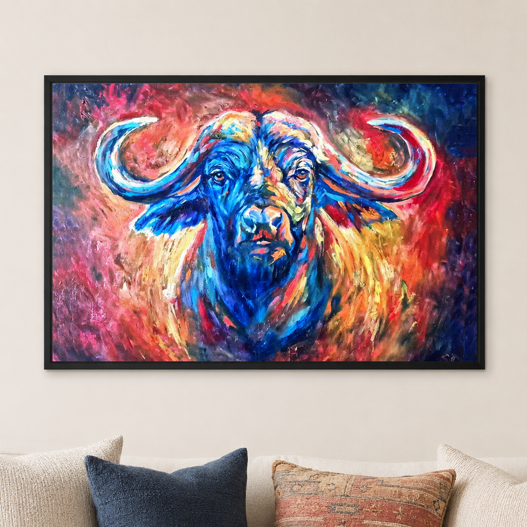 A framed colorful painting of a buffalo hanging on a beige wall above a sofa with cream, navy, and patterned pillows.