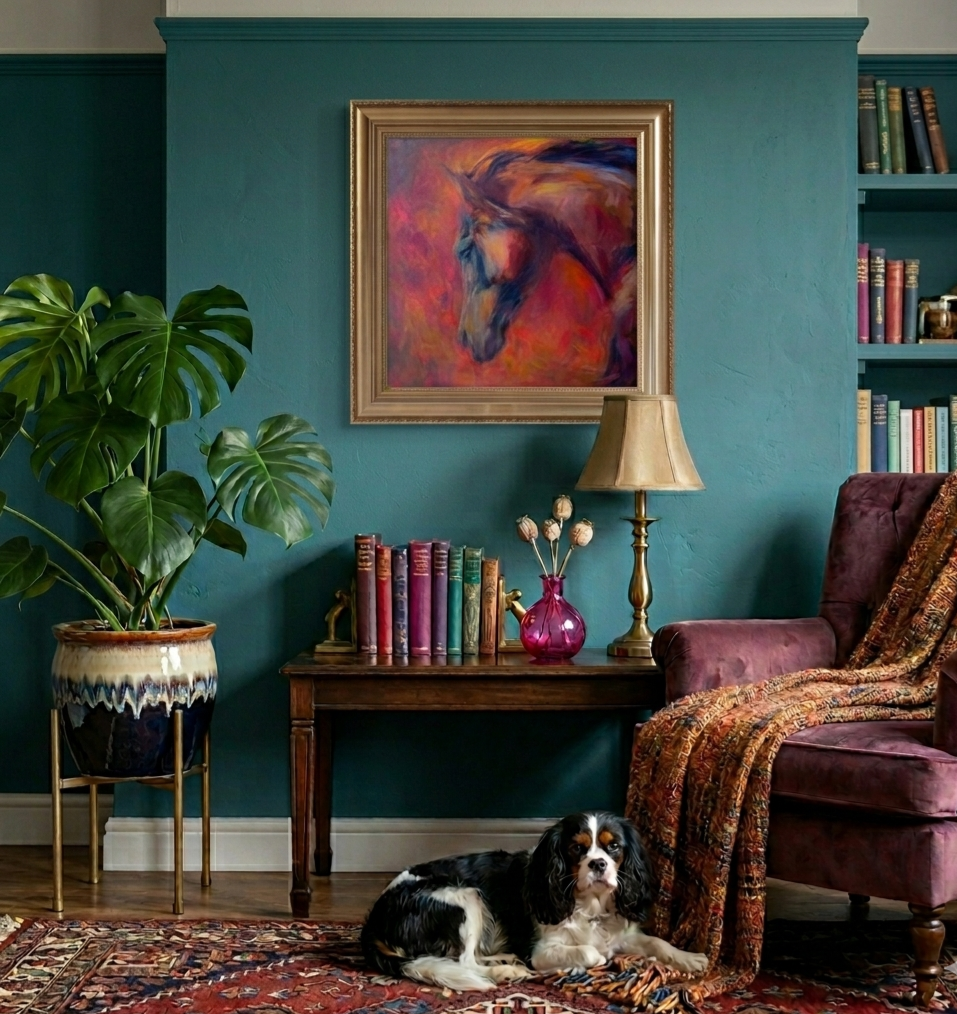 Living room with teal walls, a horse painting, books, a lamp, a plant, and a dog on a rug.