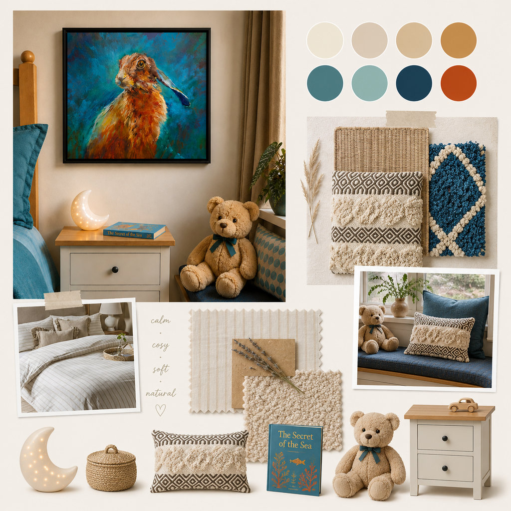 A styled interior design mood board featuring a colorful framed painting of a hare, blue and beige textiles, a teddy bear, bedding, a nightstand, a moon lamp, and coordinated home decor accessories in a warm neutral palette.