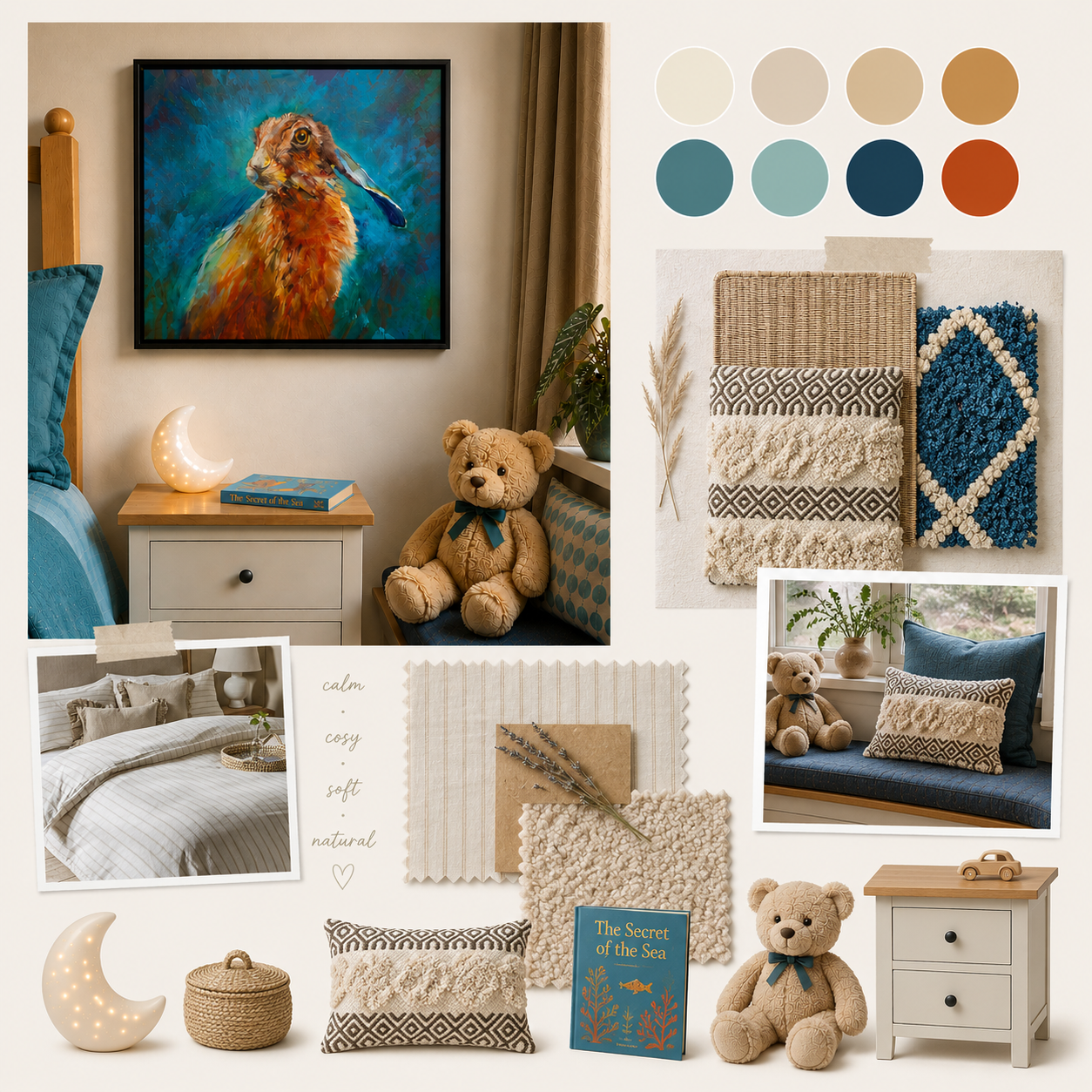 A styled interior design mood board featuring a colorful framed painting of a hare, blue and beige textiles, a teddy bear, bedding, a nightstand, a moon lamp, and coordinated home decor accessories in a warm neutral palette.
