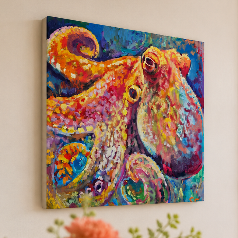 A colorful canvas painting of an octopus hanging on a beige wall in a bright, modern room with a window showing the ocean view, framed by flowers in the foreground.