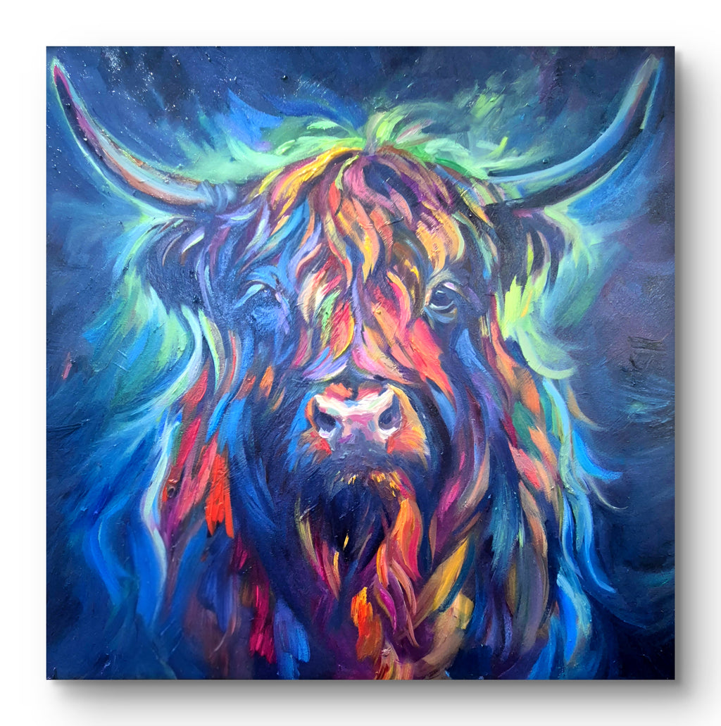 Colorful painting of a highland cow with vibrant hues on a dark background