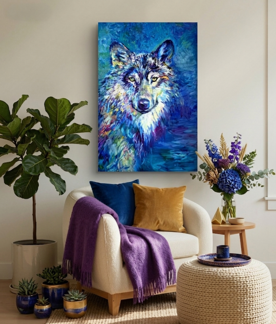 Living room with a colorful wolf painting on the wall, a white armchair with cushions, and decorative plants.