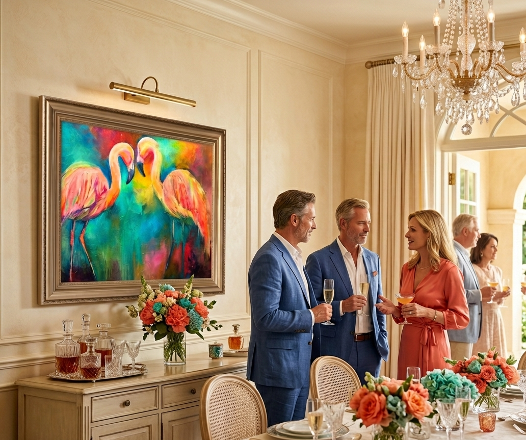 a vibrant flamingo pair oil painting on the wall at an elegant wedding party