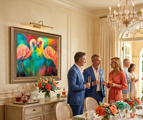 a vibrant flamingo pair oil painting on the wall at an elegant wedding party