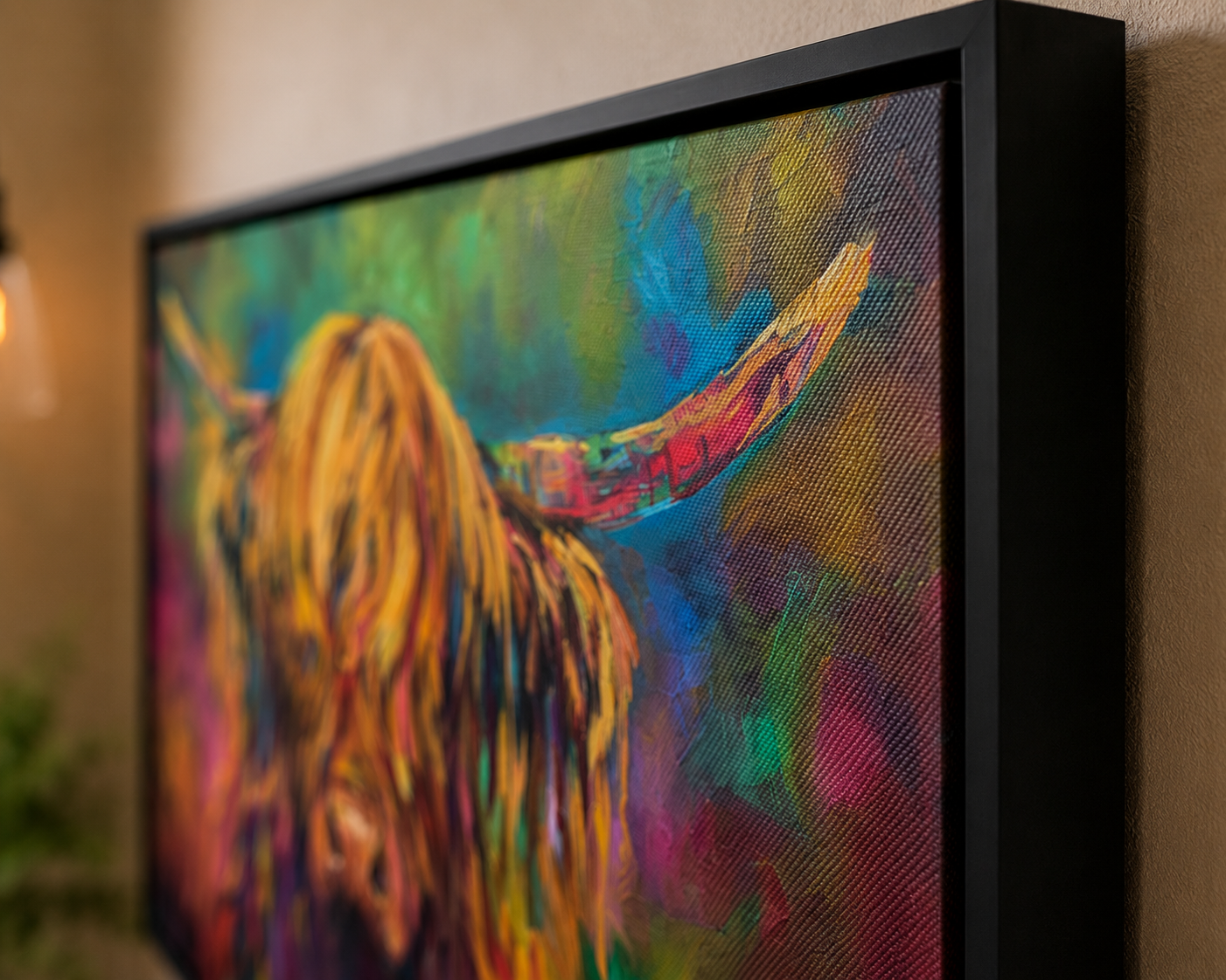 Colorful abstract painting of a person with long hair on a wall.