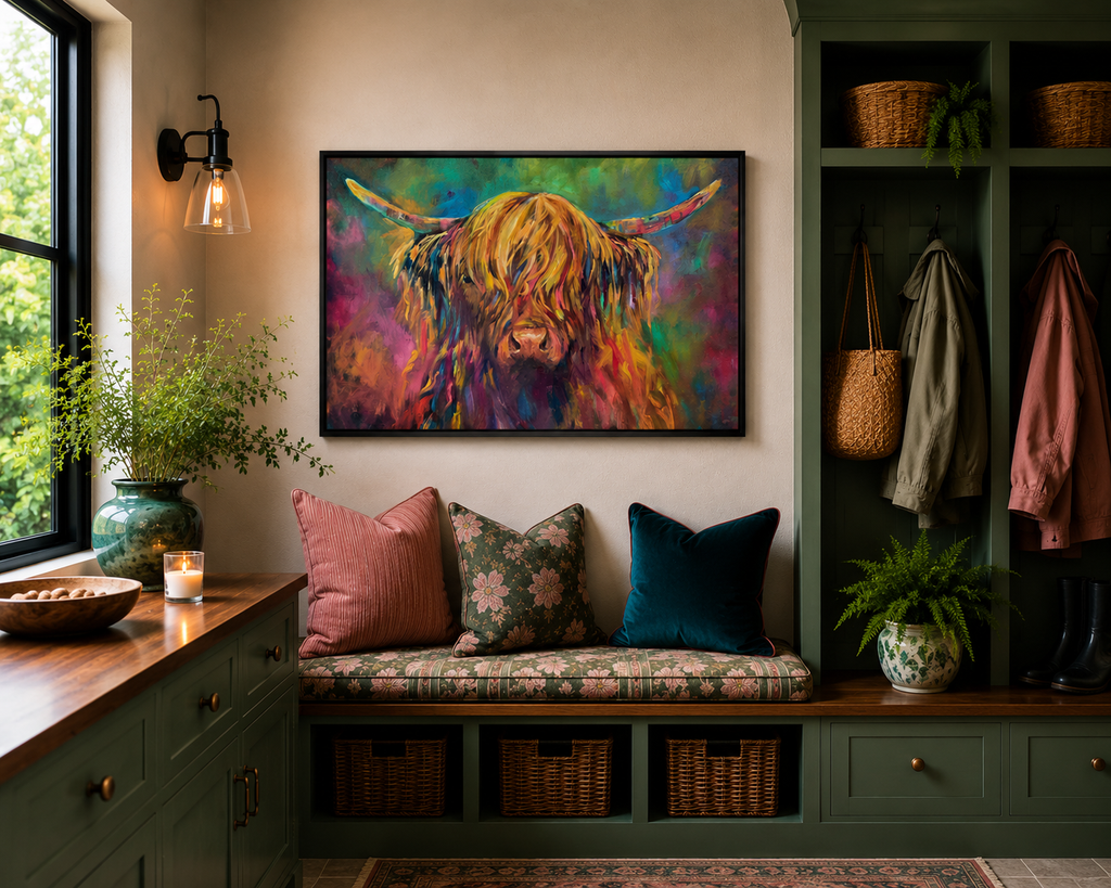 Colorful painting of a Highland cow on a wall above a seating area with pillows.