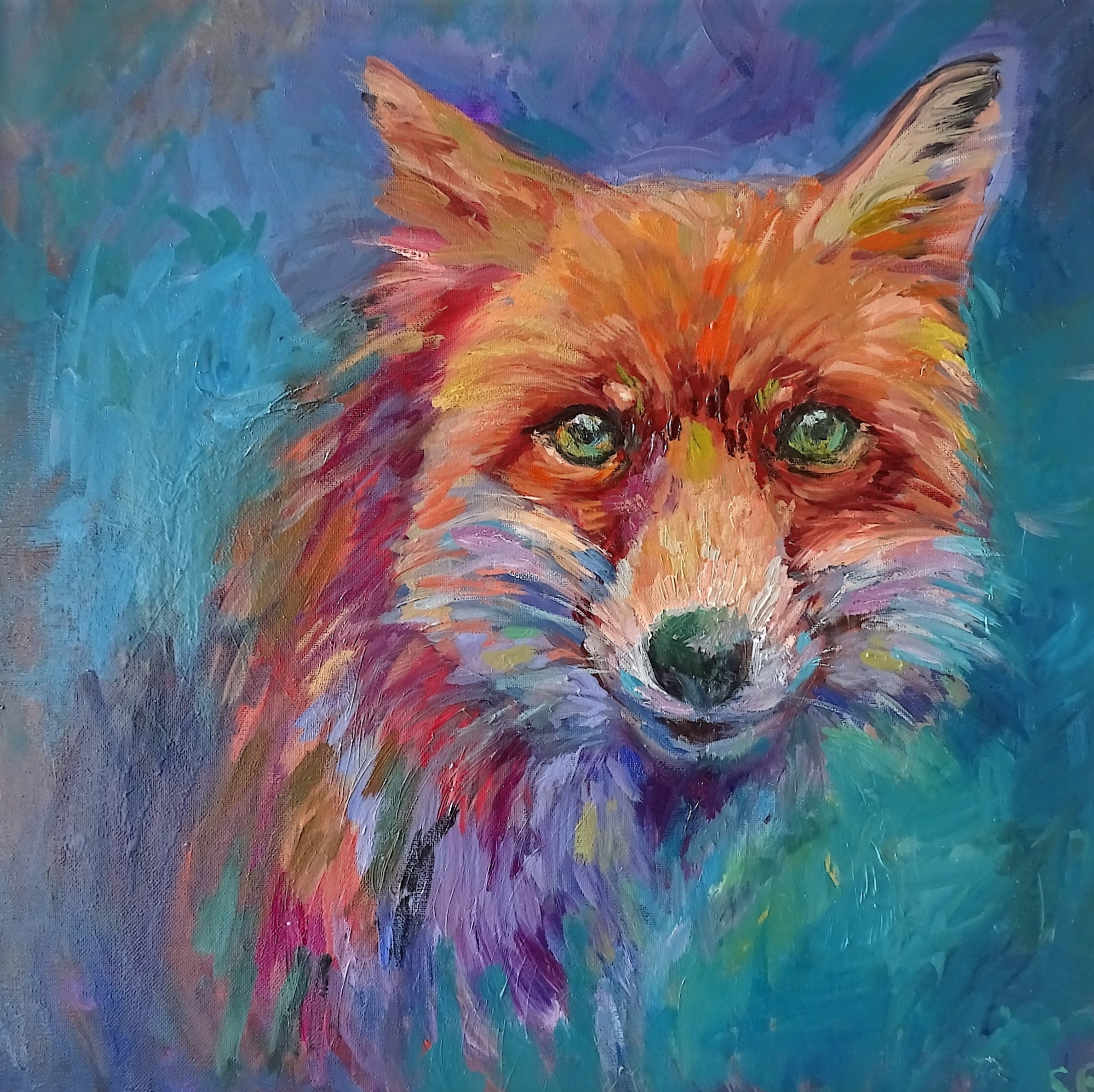 'Seen at Twilight' - Original Fox  Oil Painting 50 x 50 cm/ 20 x 20" - Animal Art by Susan Gardner - Contemporary Expressionist - Colourful Fine Art