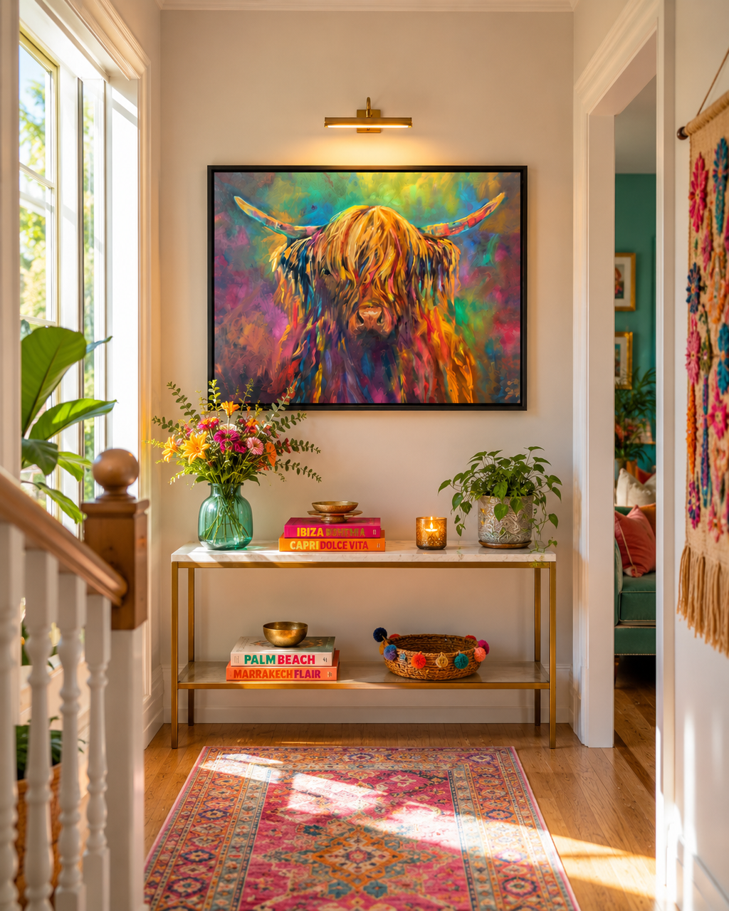 Colorful painting of a Highland cow on a wall above a console table with decorative items.