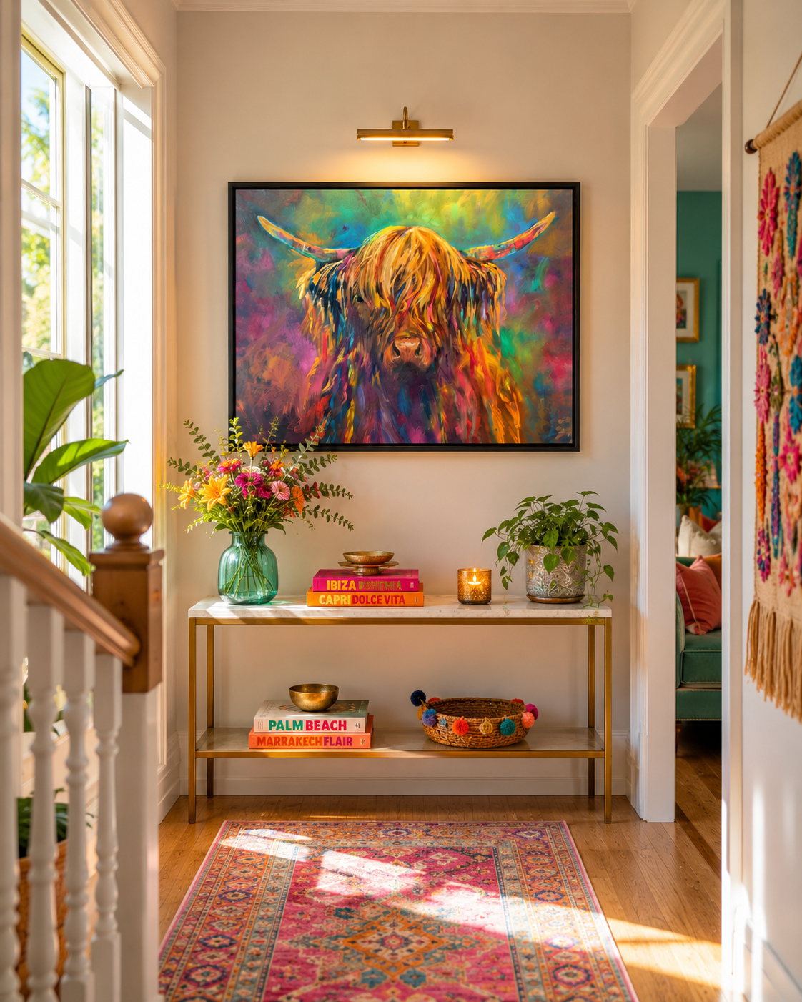 Colorful painting of a Highland cow on a wall above a console table with decorative items.