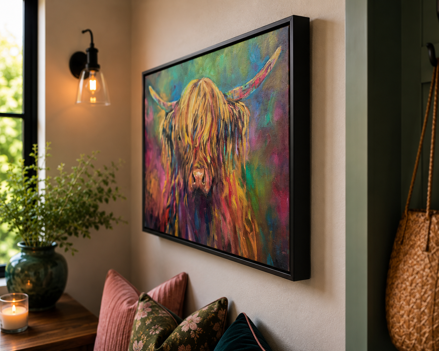 Colorful painting of a highland cow on a wall in a room with pillows and a candle.