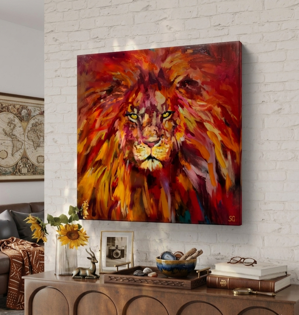Colorful lion painting on a wall in a living room setting