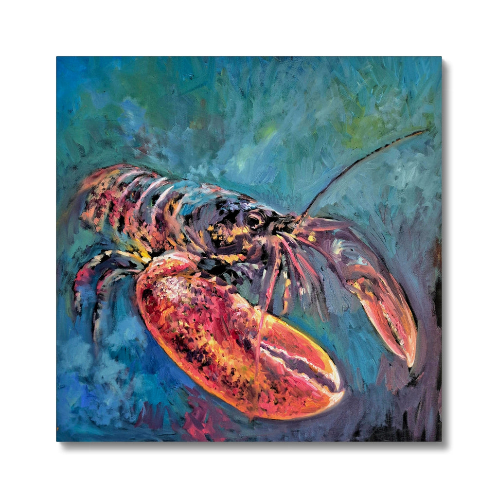 Colorful painting of a lobster on a textured blue background