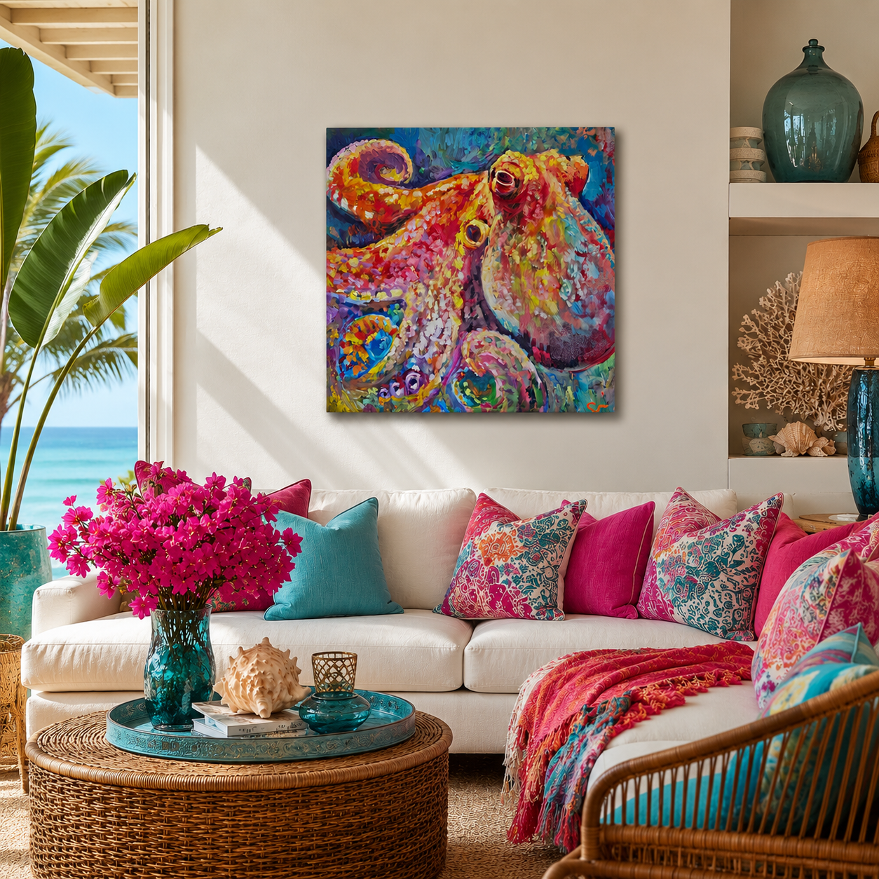 Colorful living room with a painting of an octopus, flowers, and a view of the ocean.