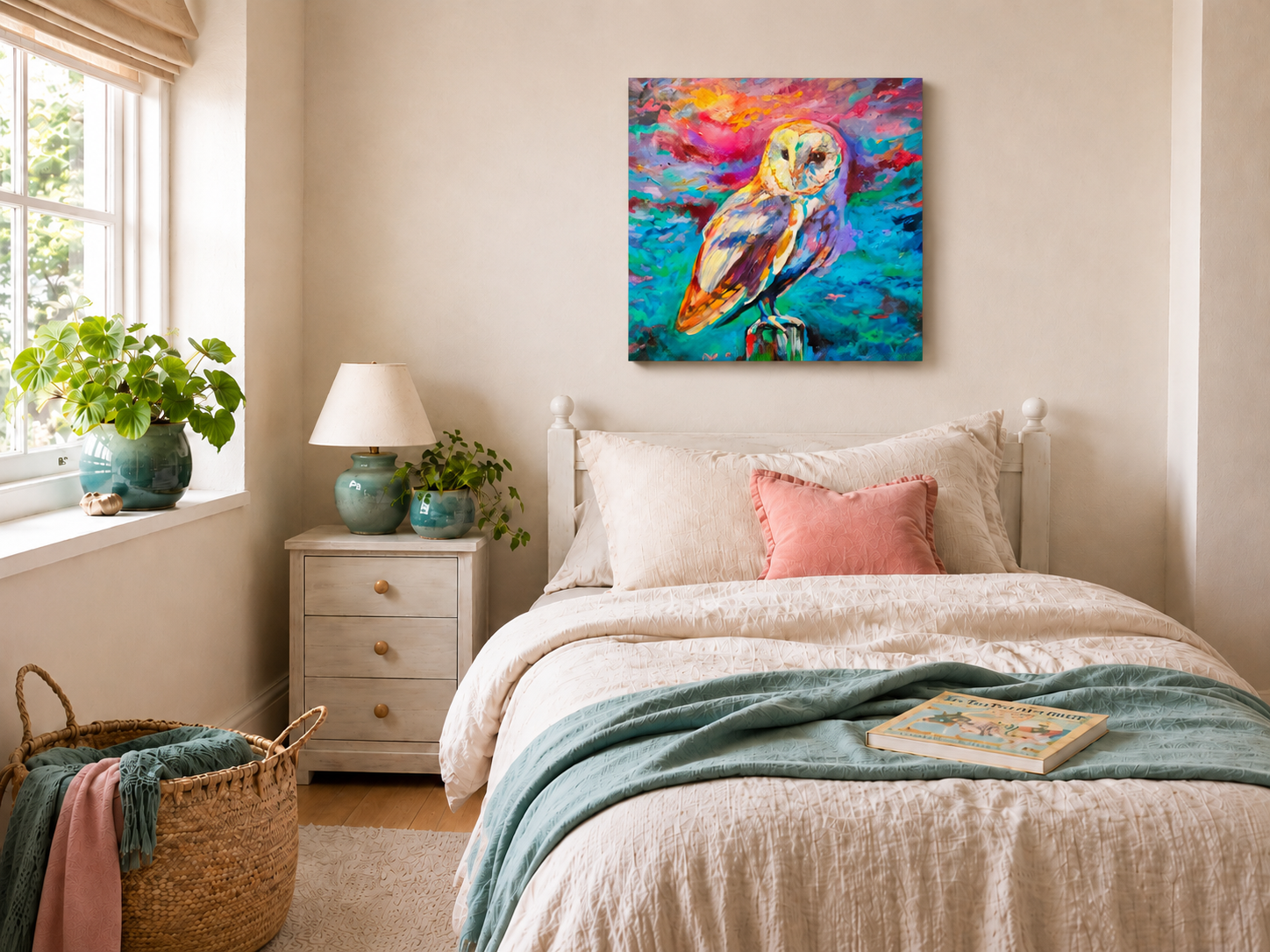 A colorful canvas wall art print depicting a stylized owl in a vibrant, textured painting, shown hanging on a beige wall above a neatly made bed in a bright, modern bedroom.