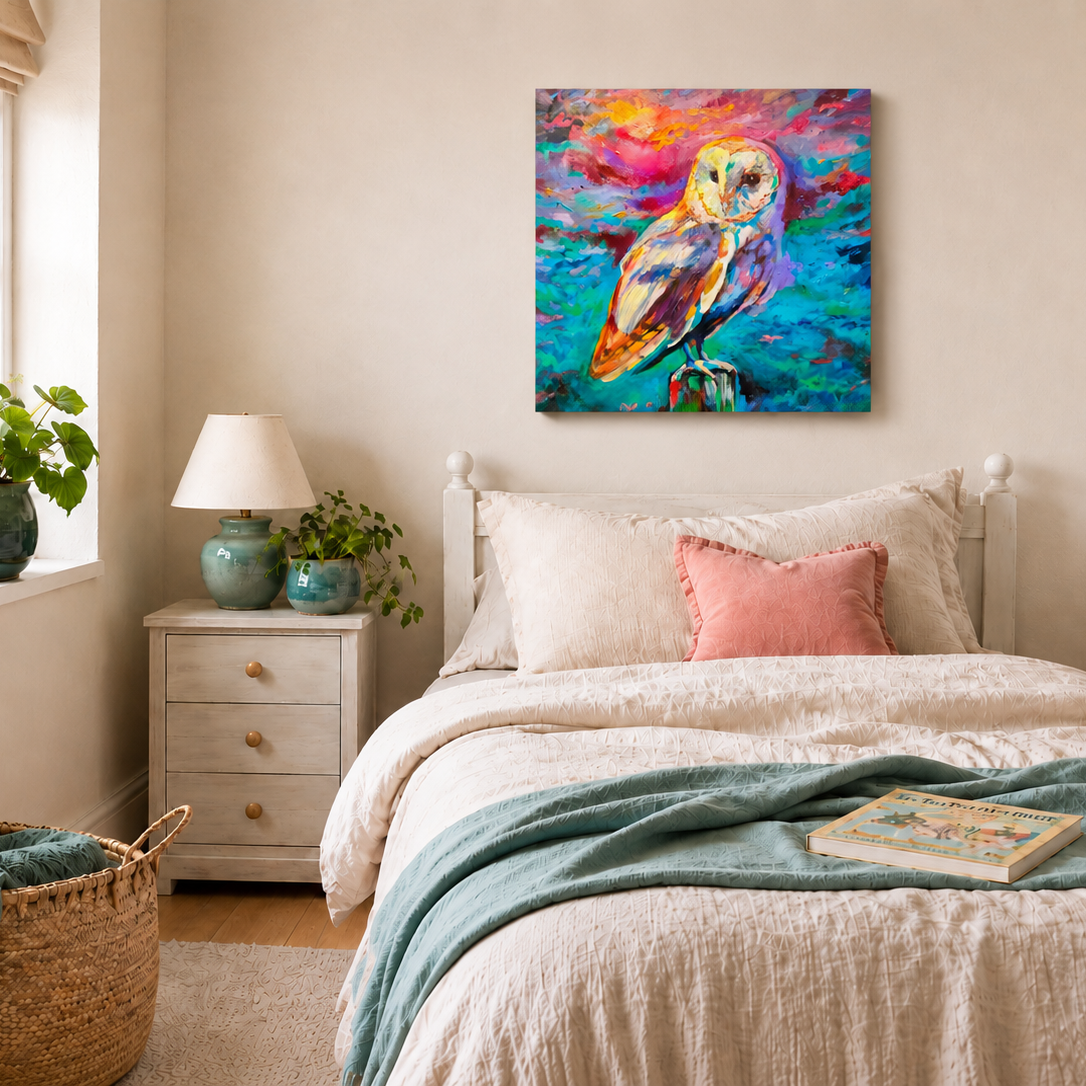 A colorful square canvas wall art print depicting a painted owl, displayed above a neatly made bed in a cozy, neutral-toned bedroom setting.