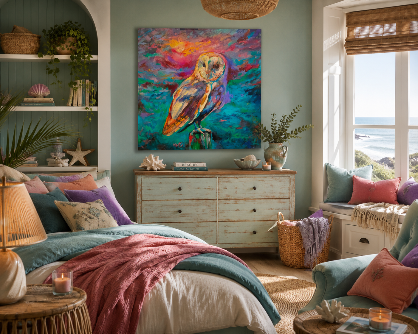 Cozy bedroom with a colorful owl painting on the wall, bed with multicolored bedding, and large window.