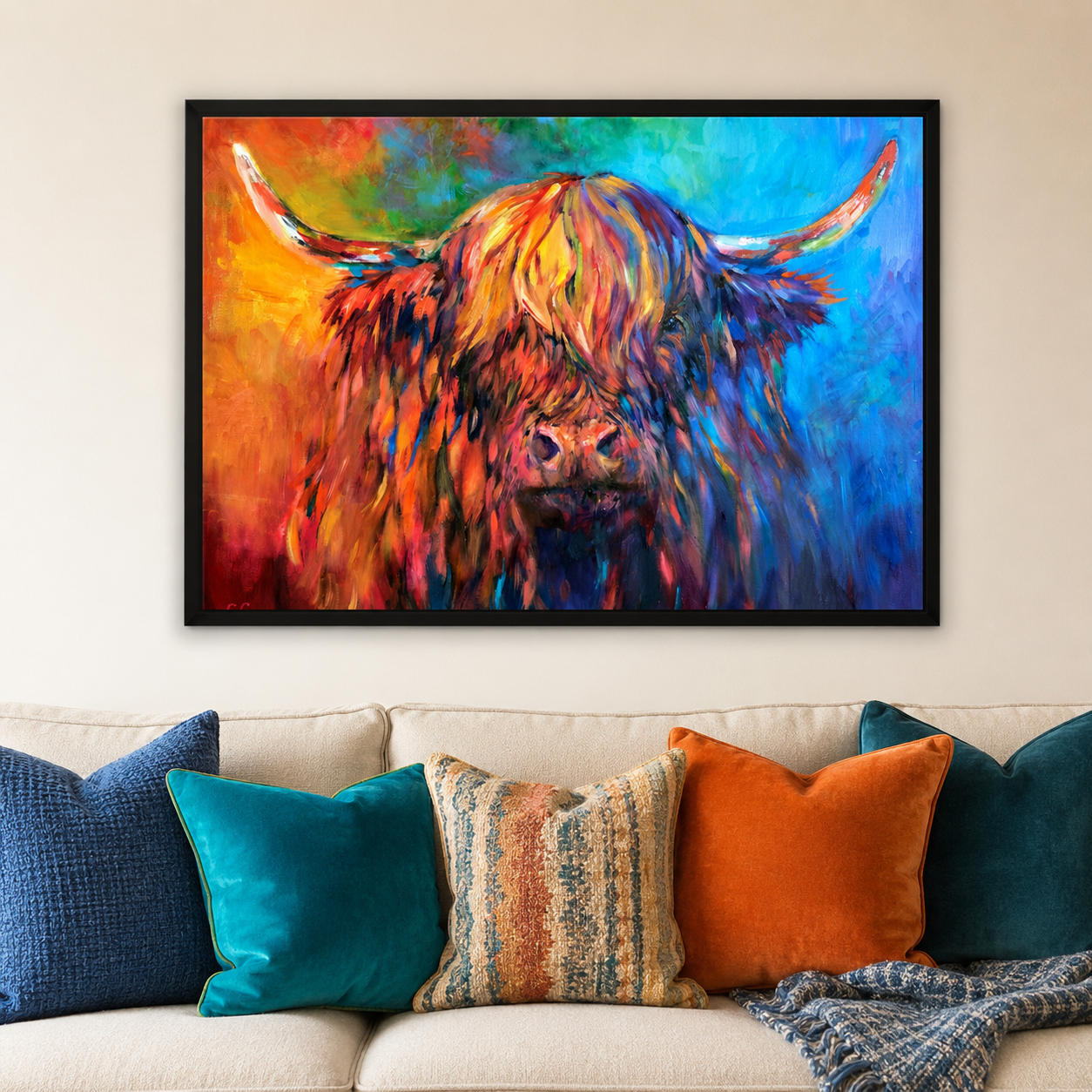 A framed colorful painting of a Highland cow hangs on a beige wall above a sofa with blue, teal, orange, and striped throw pillows.
