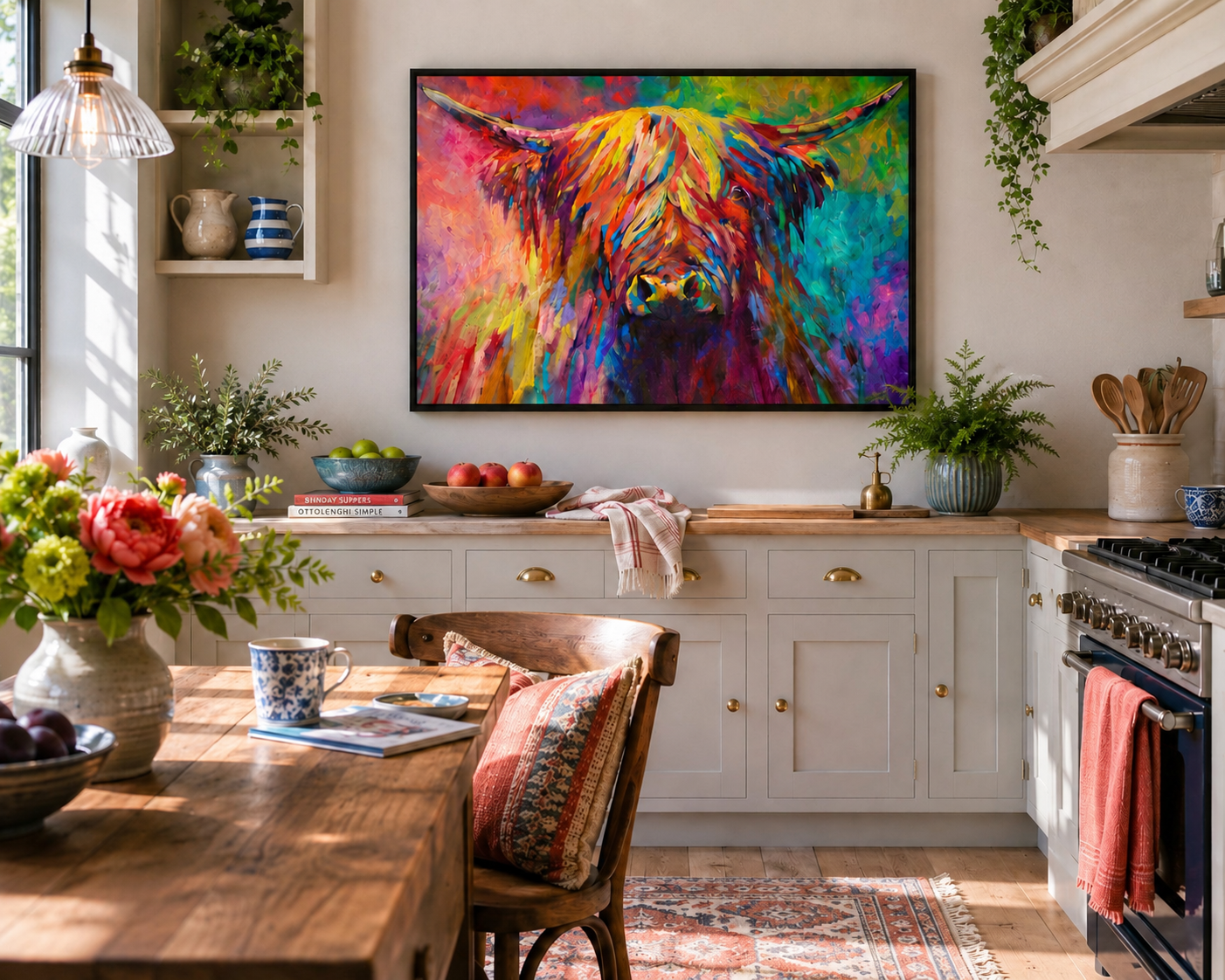Colorful painting of a cow on a wall above a kitchen table with decor items.