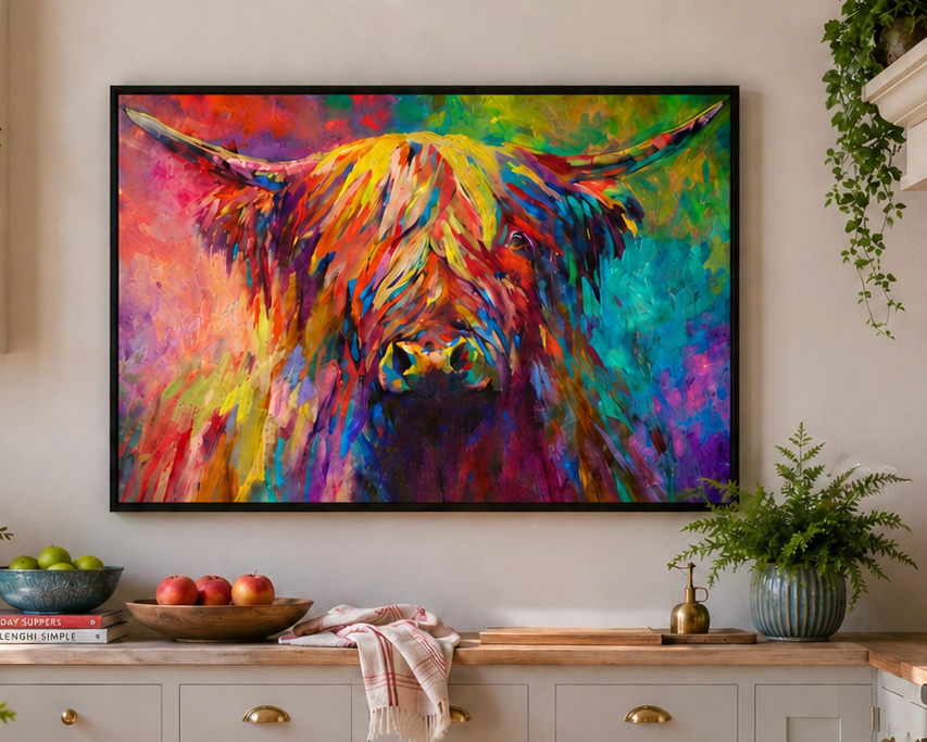 A framed colorful canvas print of a Highland cow hangs on a beige wall above a wooden console table with decorative plants and fruit bowls.