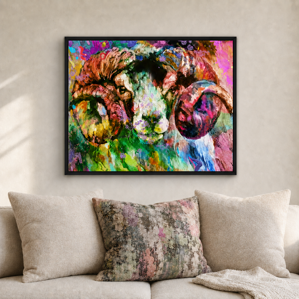 A colorful framed wall art print of a ram's head, displayed on a beige wall above a sofa with neutral-toned pillows.