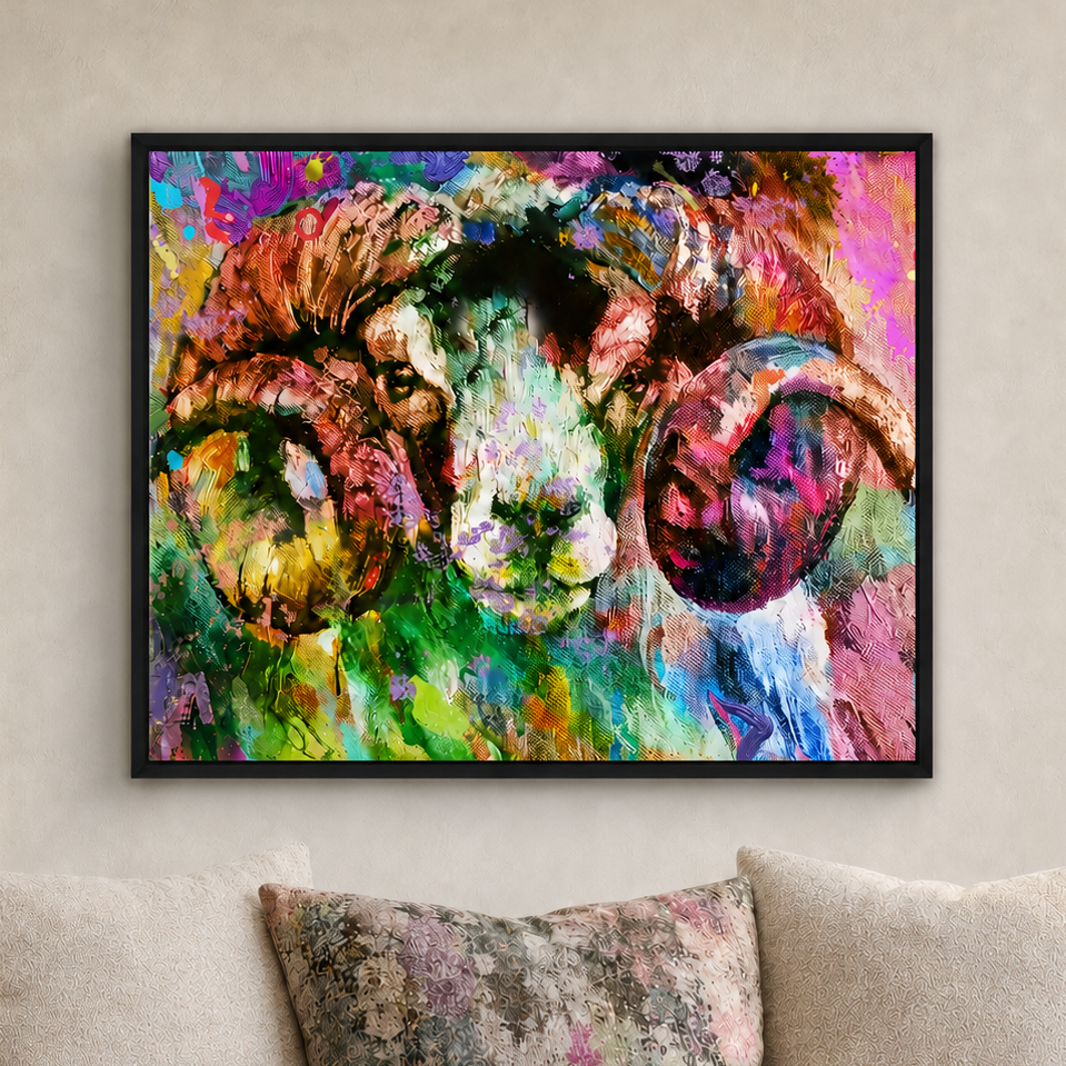 A framed colorful painting of a ram's head hanging on a beige wall above a sofa with patterned pillows. The artwork uses vivid mixed brushstrokes in pink, blue, green, yellow, purple, and brown.