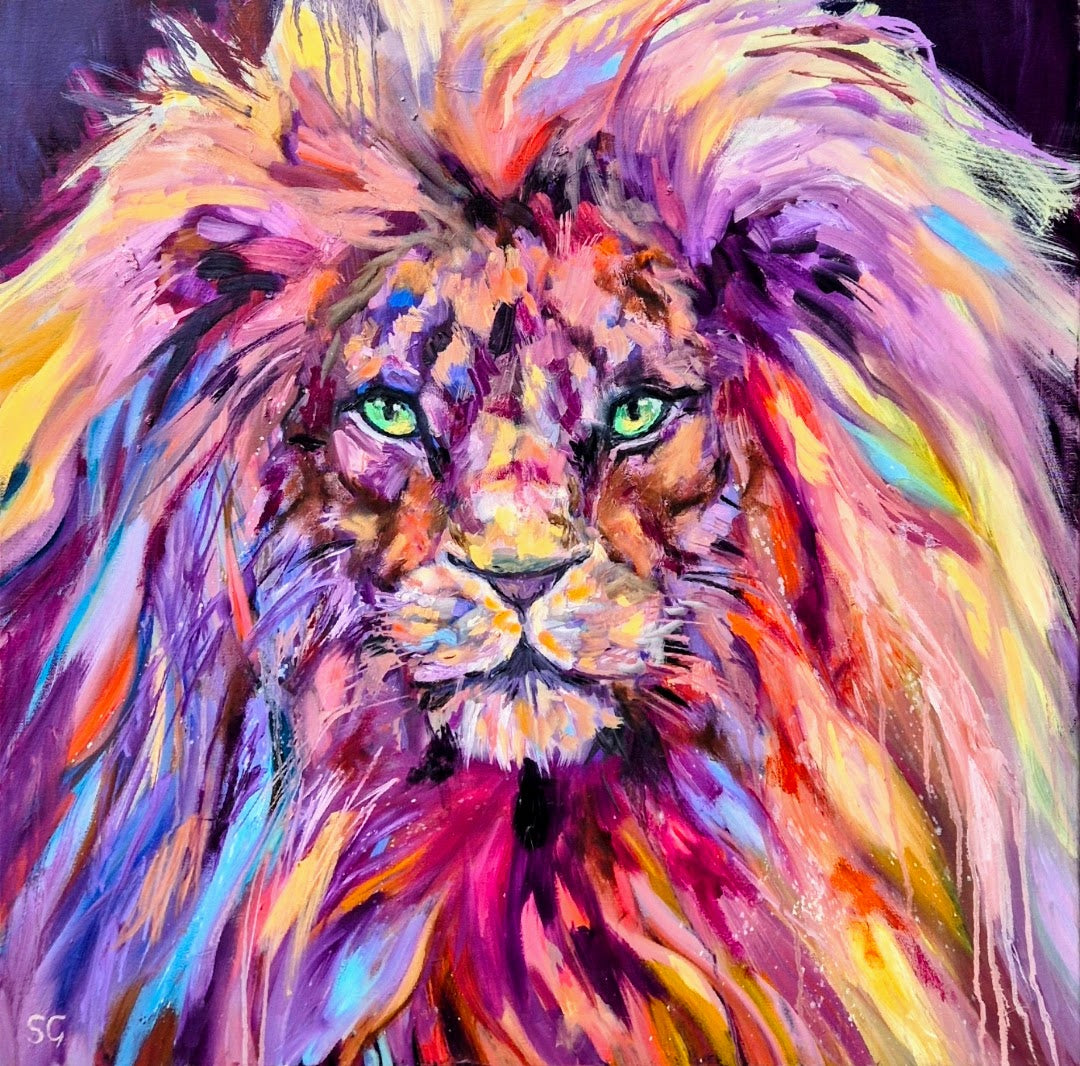 'Majestic Heart' - Original Lion Oil Painting 70 x 70 cm - Animal Art by Susan Gardner - Contemporary Expressionist - Colourful Fine Art