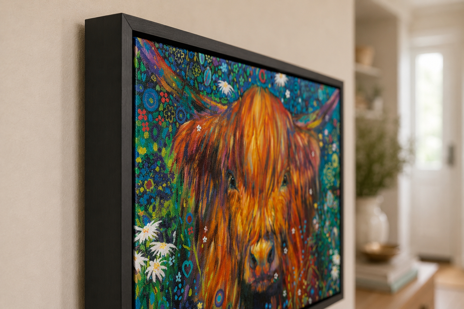 A framed colorful painting of a Highland cow hanging on a beige wall in a softly blurred home interior.